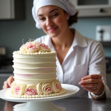 The head baker of Winterveil Bakes carefully frosting a multi-layered cake.