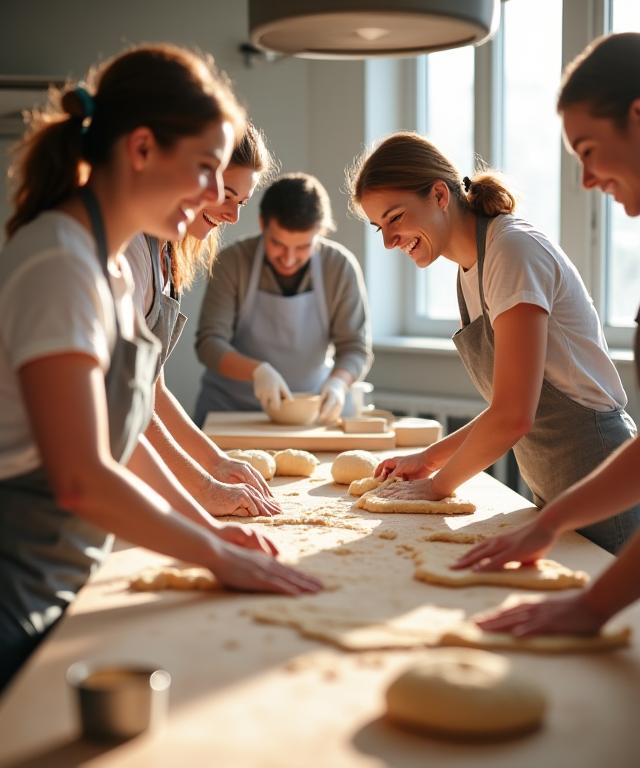 A small group of people happily learning to knead dough in a bright, modern kitchen.