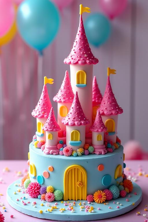 A whimsical children's birthday cake shaped like a fantasy castle.