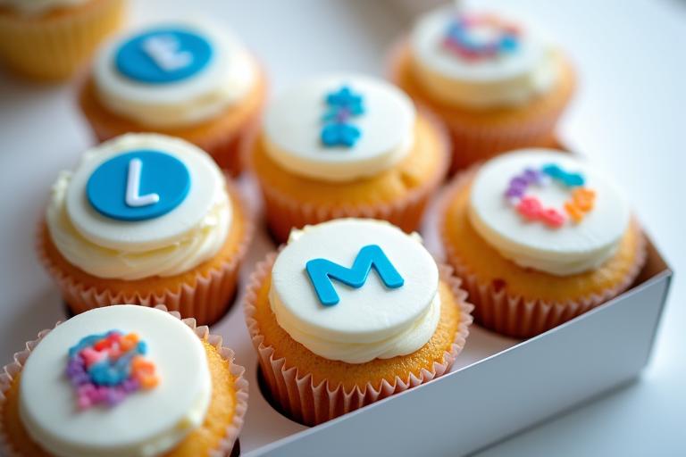 A box of cupcakes with edible company logos on top.