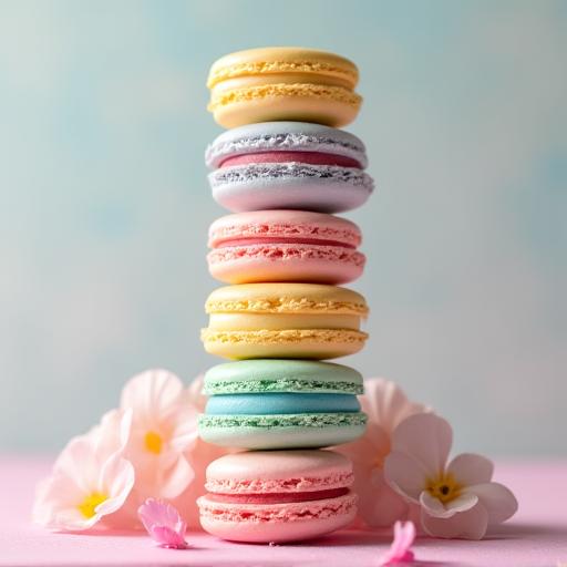 A colourful tower of pastel-coloured French macarons.