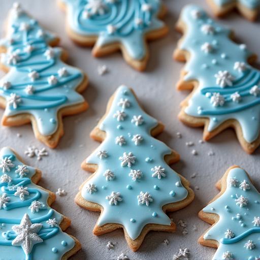Intricately decorated sugar cookies with a winter wonderland theme.