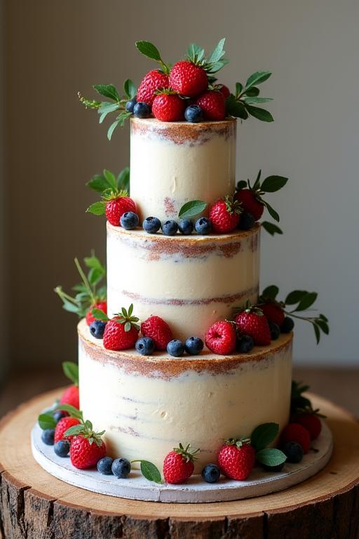 A three-tier rustic wedding cake with semi-naked frosting and fresh berries.